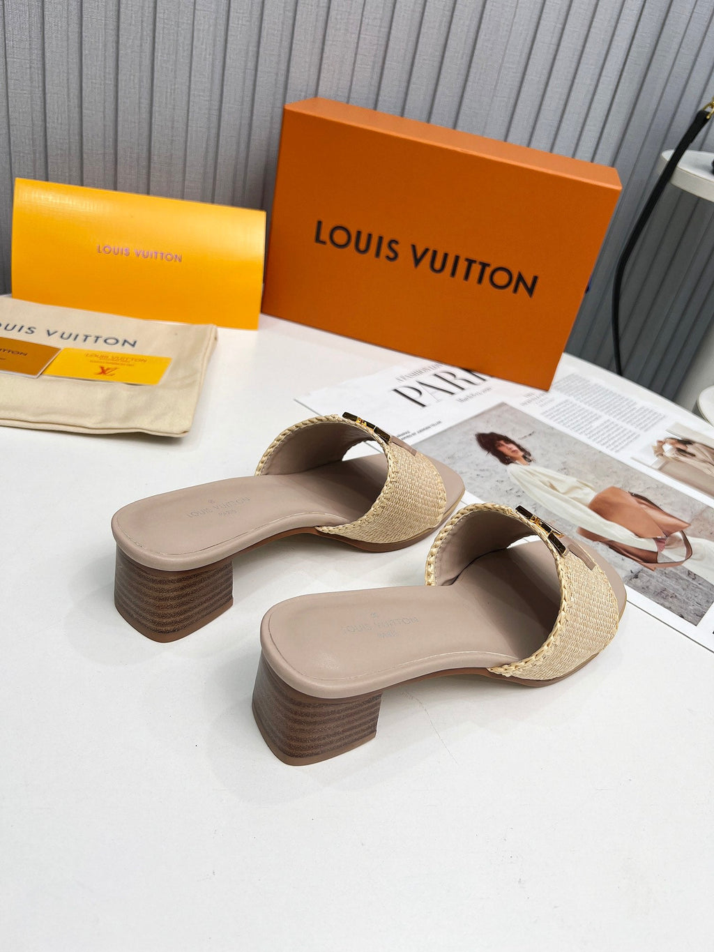LV 26S CAPRI HIGH-HEELED MULES IN DARK BEIGE CALFSKIN AND RAFFIA