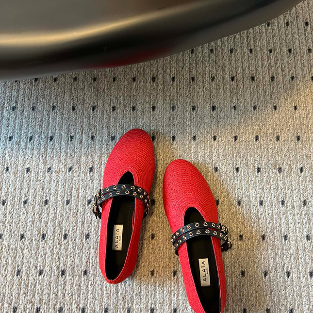 ALAIA MARY JANE SHOES IN CHERRY RED ZP CUSTOM STRAW AND DENIM