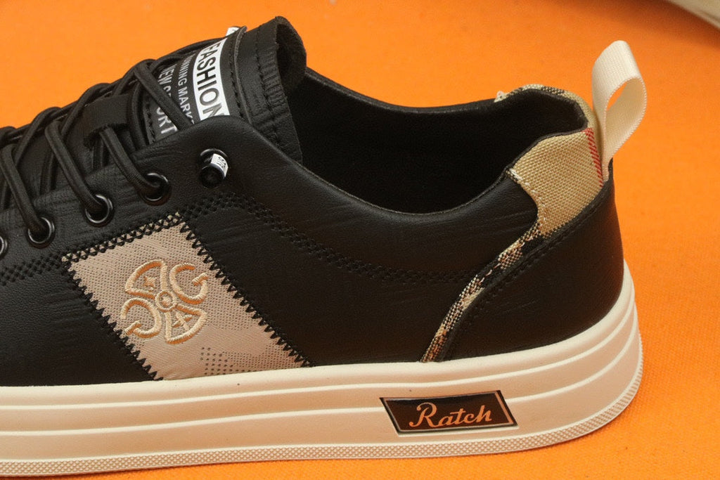 PRA TRAINER IN BLACK CALFSKIN AND TAN EMBROIDERED FABRIC