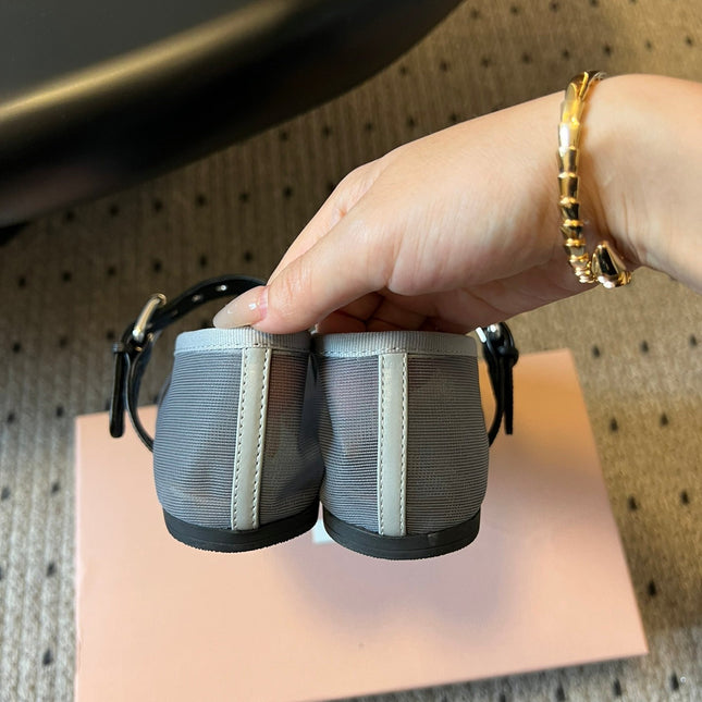 MIUMIU 26S BALLERINAS IN ALUMINUM GRAY MESH FABRIC