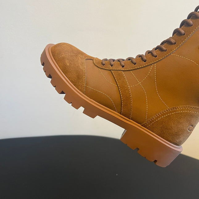 CELINE 26S LACE-UP ANKLE BOOTS IN BROWN SUEDE AND CANVAS