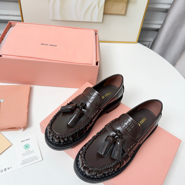 MIUMIU 26S TASSEL LOAFERS IN DARK BROWN CALFSKIN