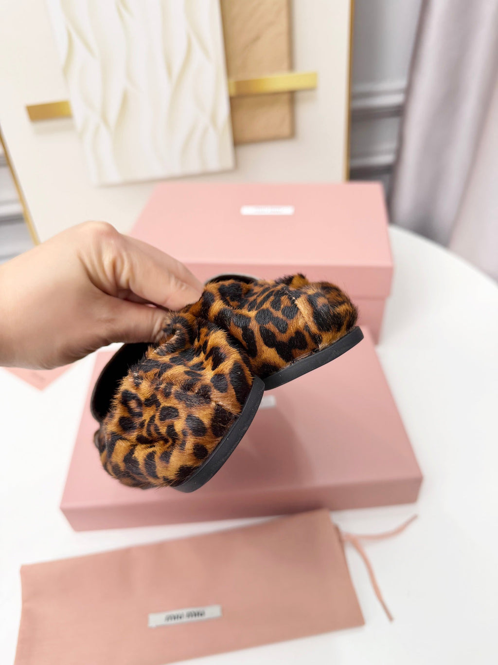 MIUMIU 26S RUCHES LOAFERS IN LEOPARD PRINT PONY HAIR