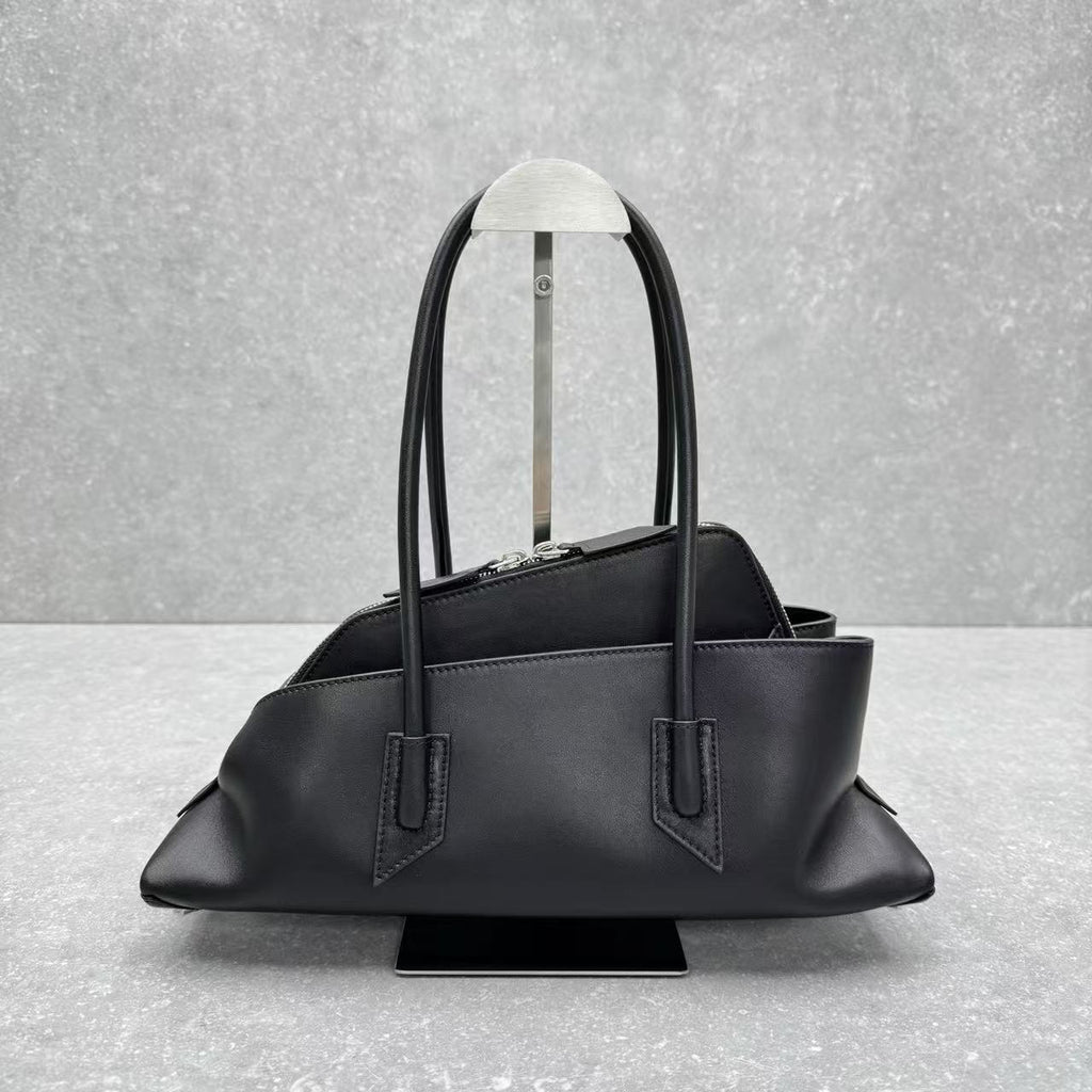THE ATTICO LA PASSEGGIATA SMALL TOTE BAG IN BLACK CALFSKIN