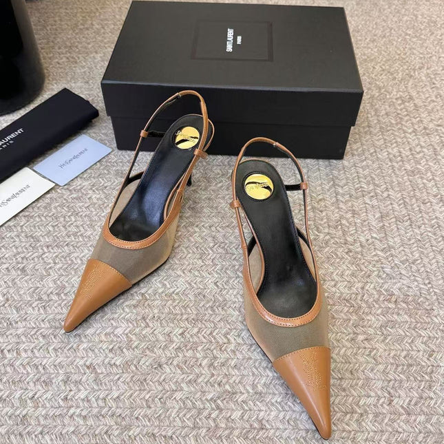 YSL 26S SLINGBACK POINTED HEEL 70 MM IN BROWN CAFLSKIN AND FABRIC