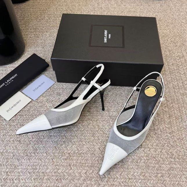 YSL 26S SLINGBACK POINTED HEEL 70 MM IN WHITE CAFLSKIN AND FABRIC