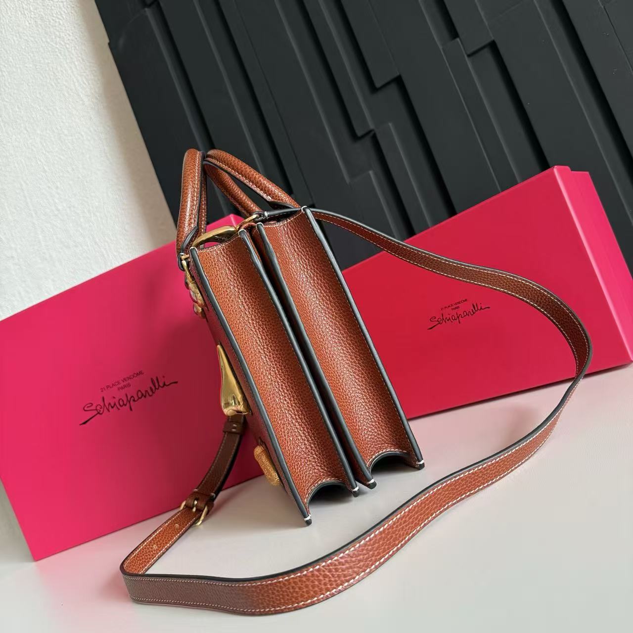 SCHIAPARELLI ANATOMY JEWELRY BAG 20 IN BROWN CALFSKIN