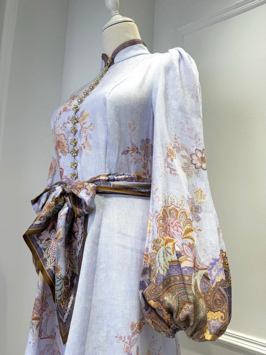 ZIMMERMANN 26S FLORAL MIDI DRESS IN LILAC SILK LINEN