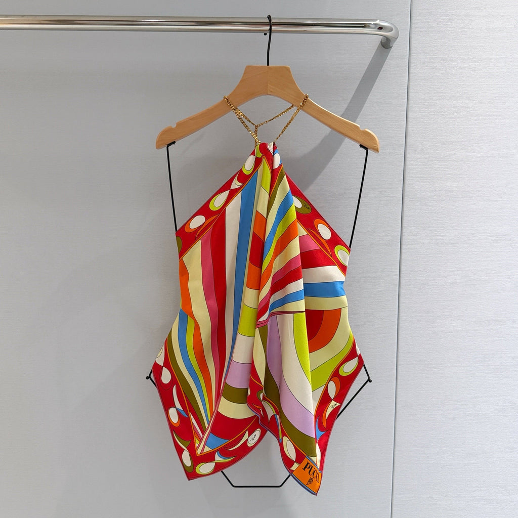 PUCCI 26S HALTER SCARF TOP IN MULTICOLOR PRINTED SILK