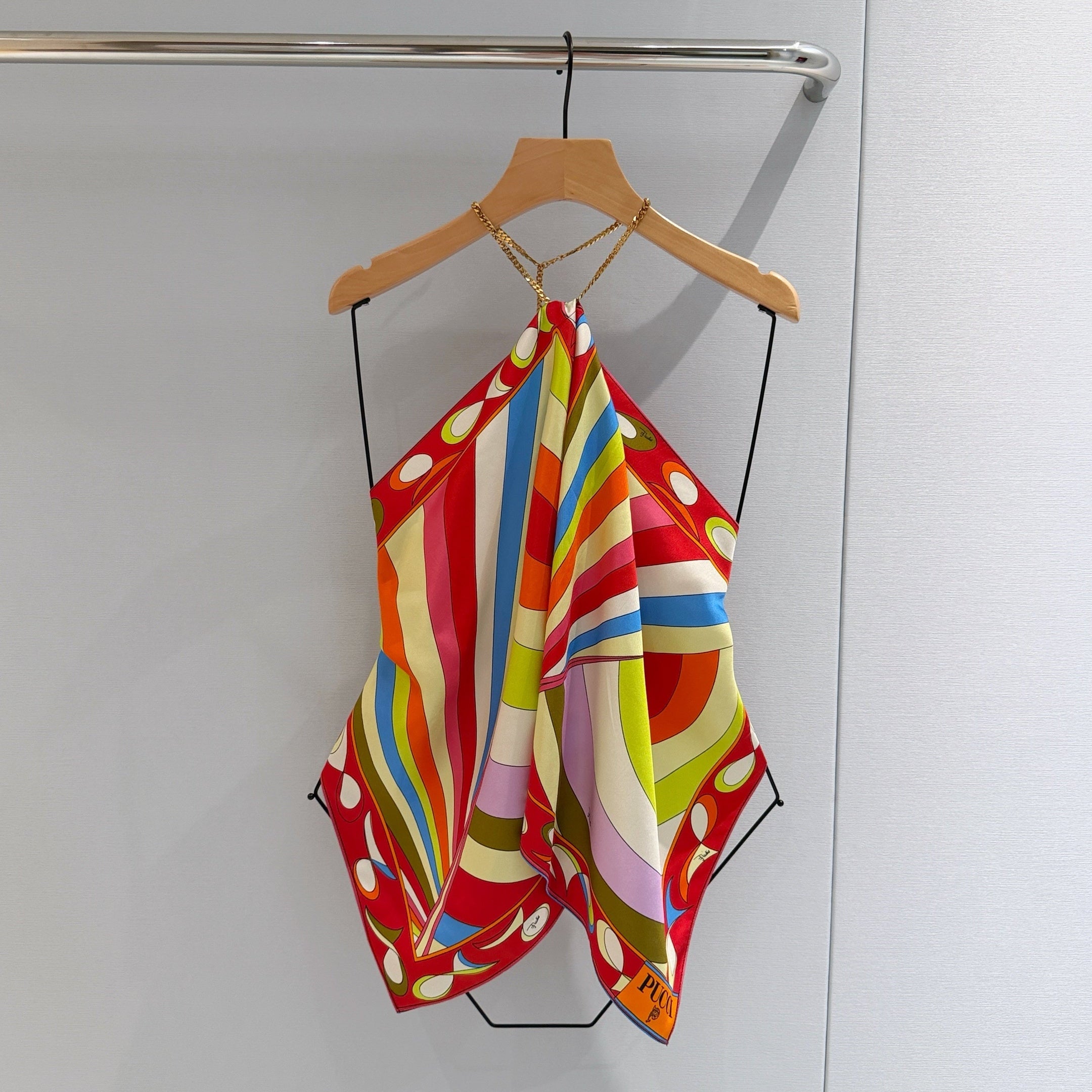 PUCCI 26S HALTER SCARF TOP IN MULTICOLOR PRINTED SILK