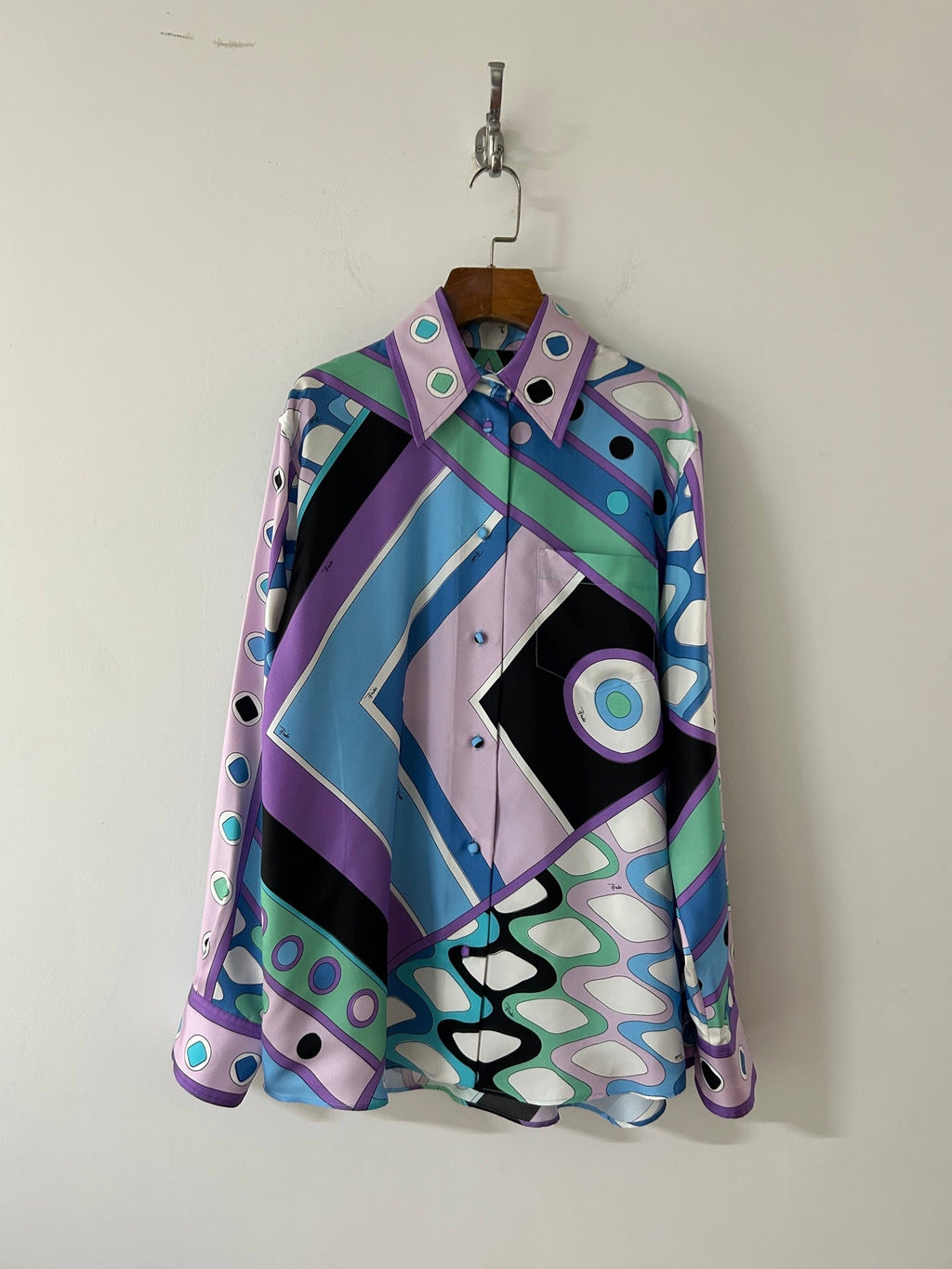 PUCCI 26S LONG SLEEVE SHIRT GEOMETRIC PRINT PURPLE BLUE SILK