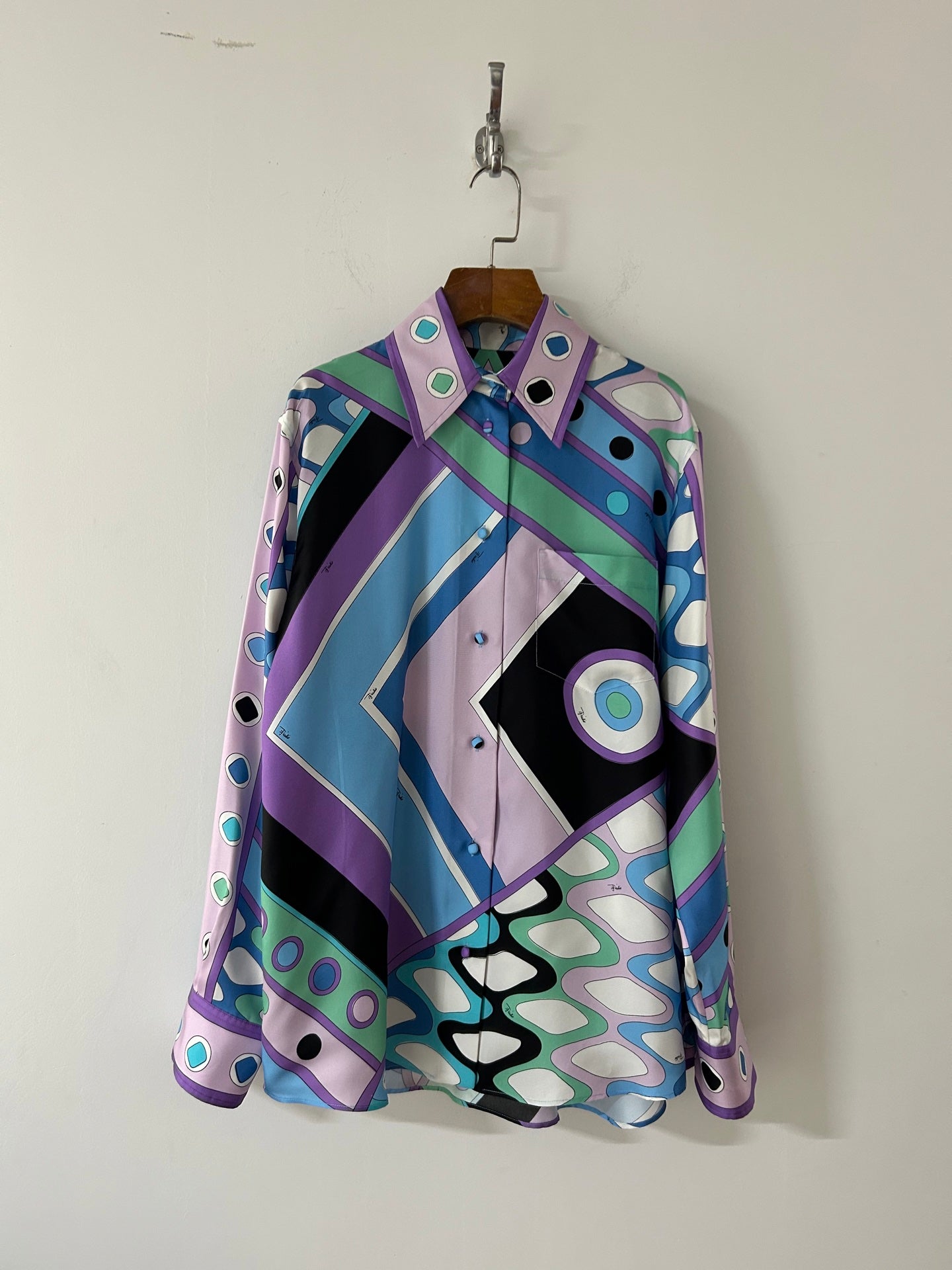 PUCCI 26S LONG SLEEVE SHIRT GEOMETRIC PRINT PURPLE BLUE SILK
