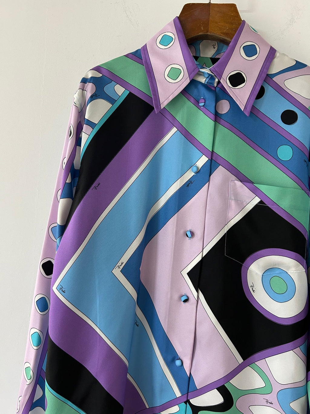 PUCCI 26S LONG SLEEVE SHIRT GEOMETRIC PRINT PURPLE BLUE SILK