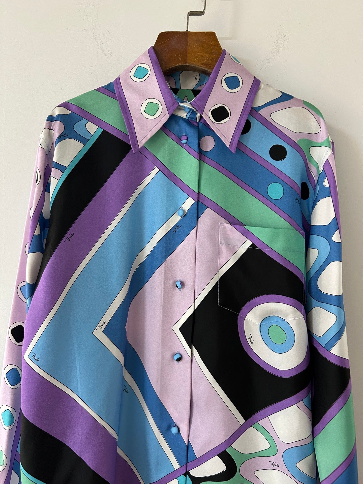 PUCCI 26S LONG SLEEVE SHIRT GEOMETRIC PRINT PURPLE BLUE SILK