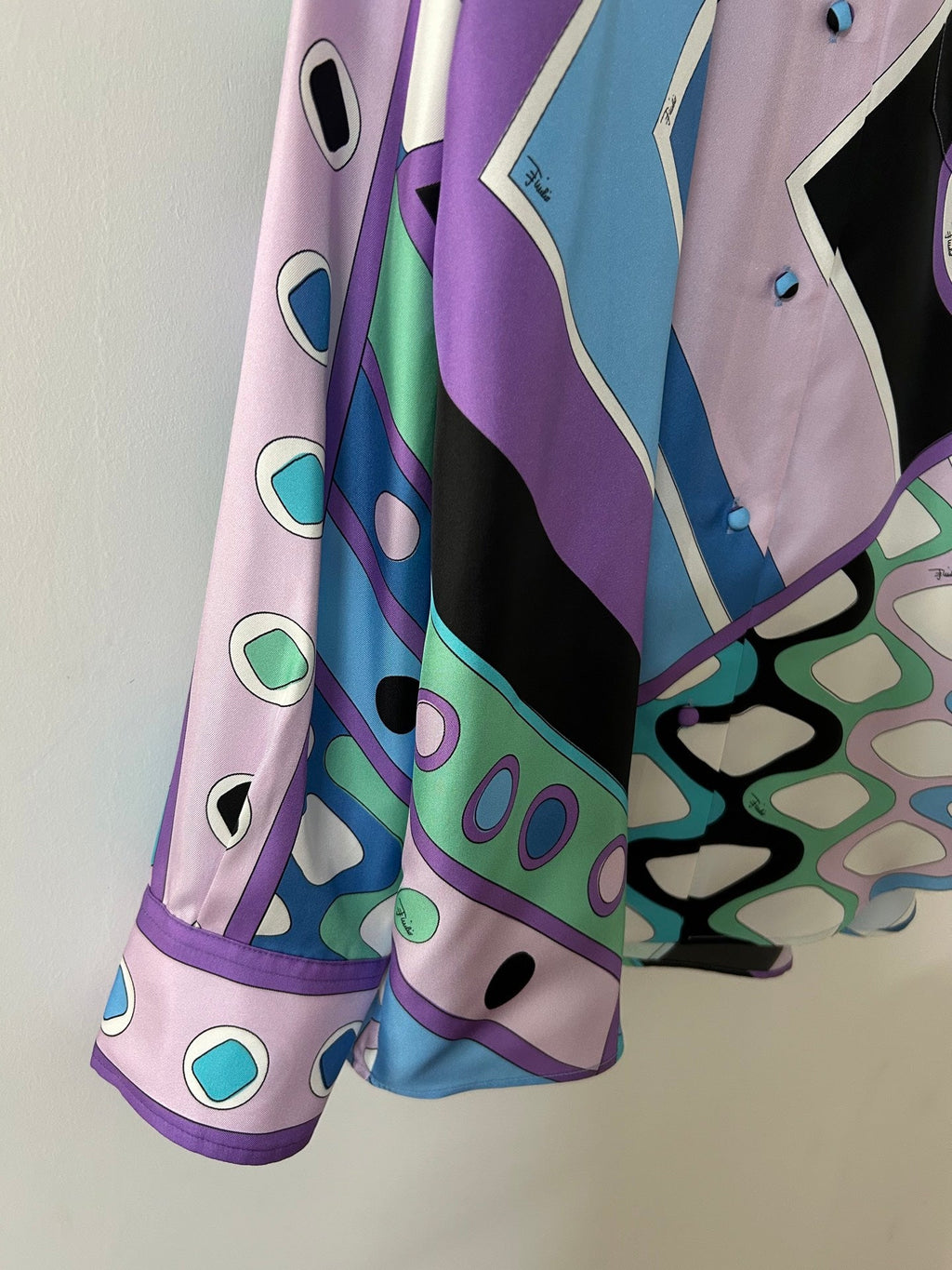 PUCCI 26S LONG SLEEVE SHIRT GEOMETRIC PRINT PURPLE BLUE SILK