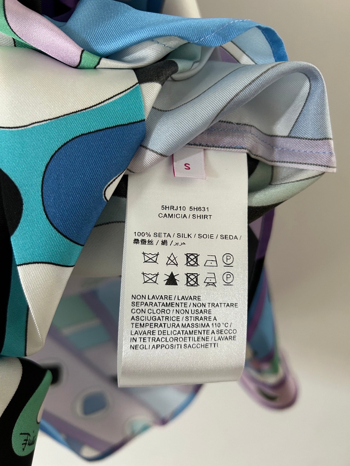 PUCCI 26S LONG SLEEVE SHIRT GEOMETRIC PRINT PURPLE BLUE SILK