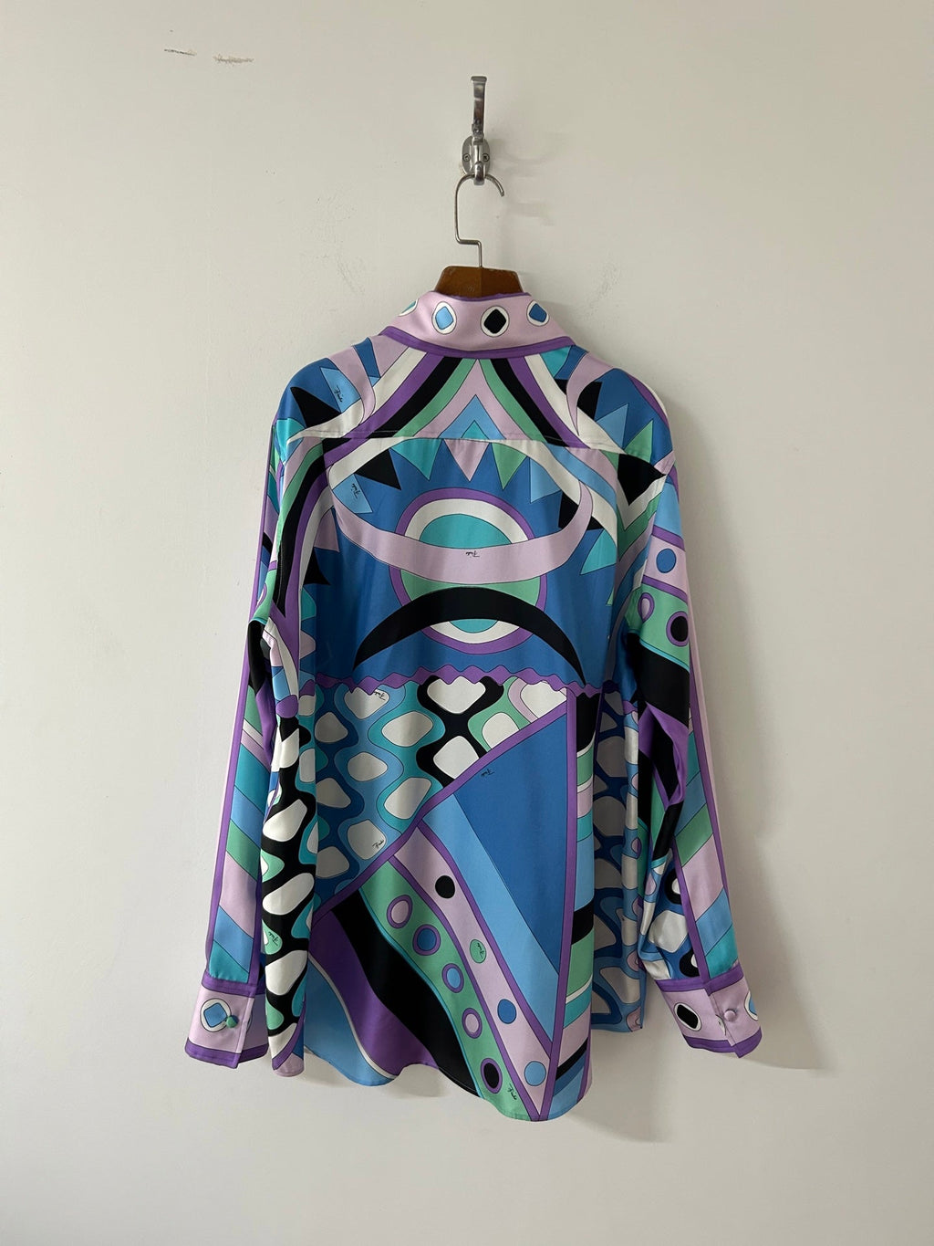 PUCCI 26S LONG SLEEVE SHIRT GEOMETRIC PRINT PURPLE BLUE SILK