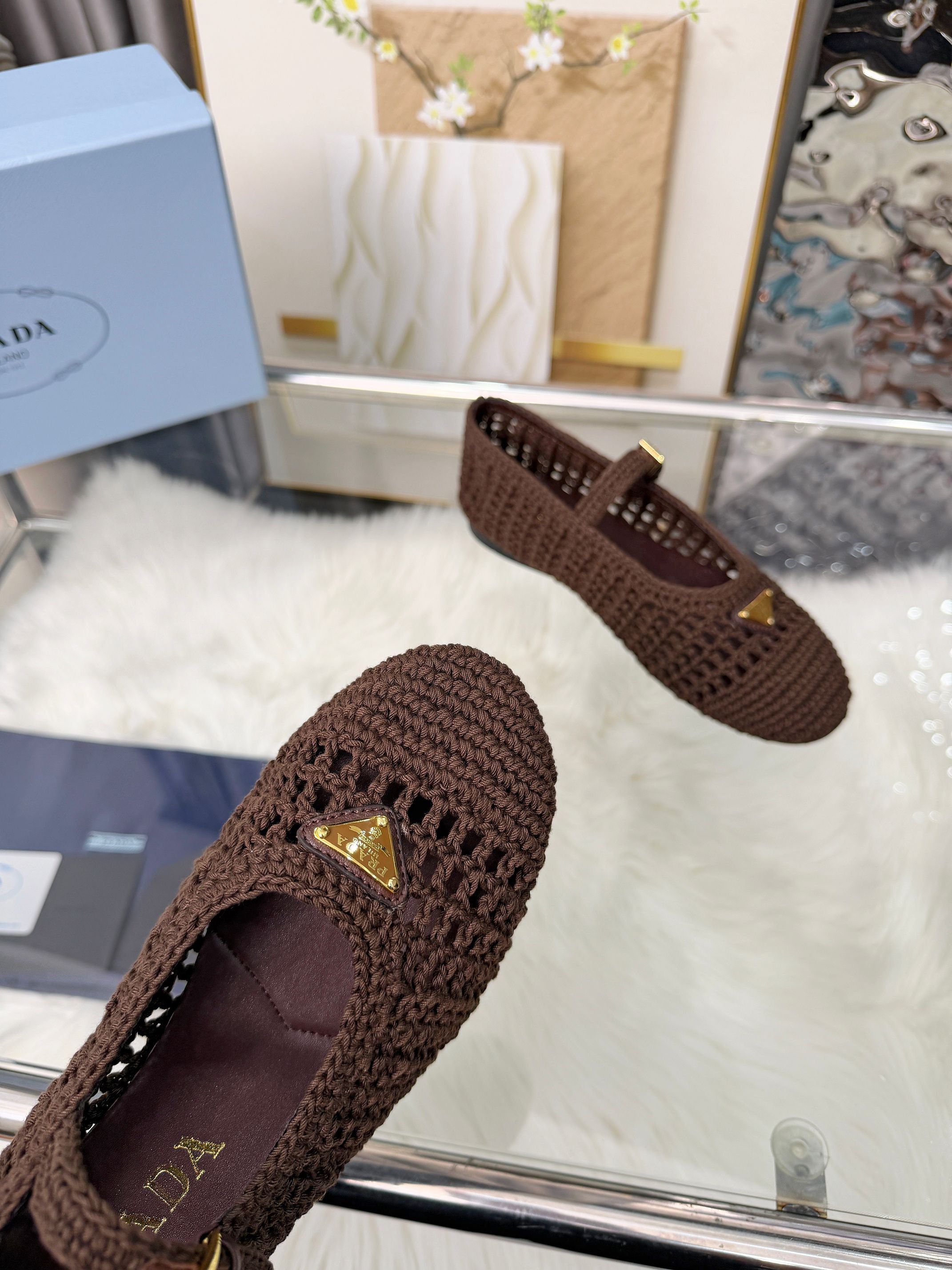 PRADA MARY JANE FLATS IN COCOA BROWN CROCHET