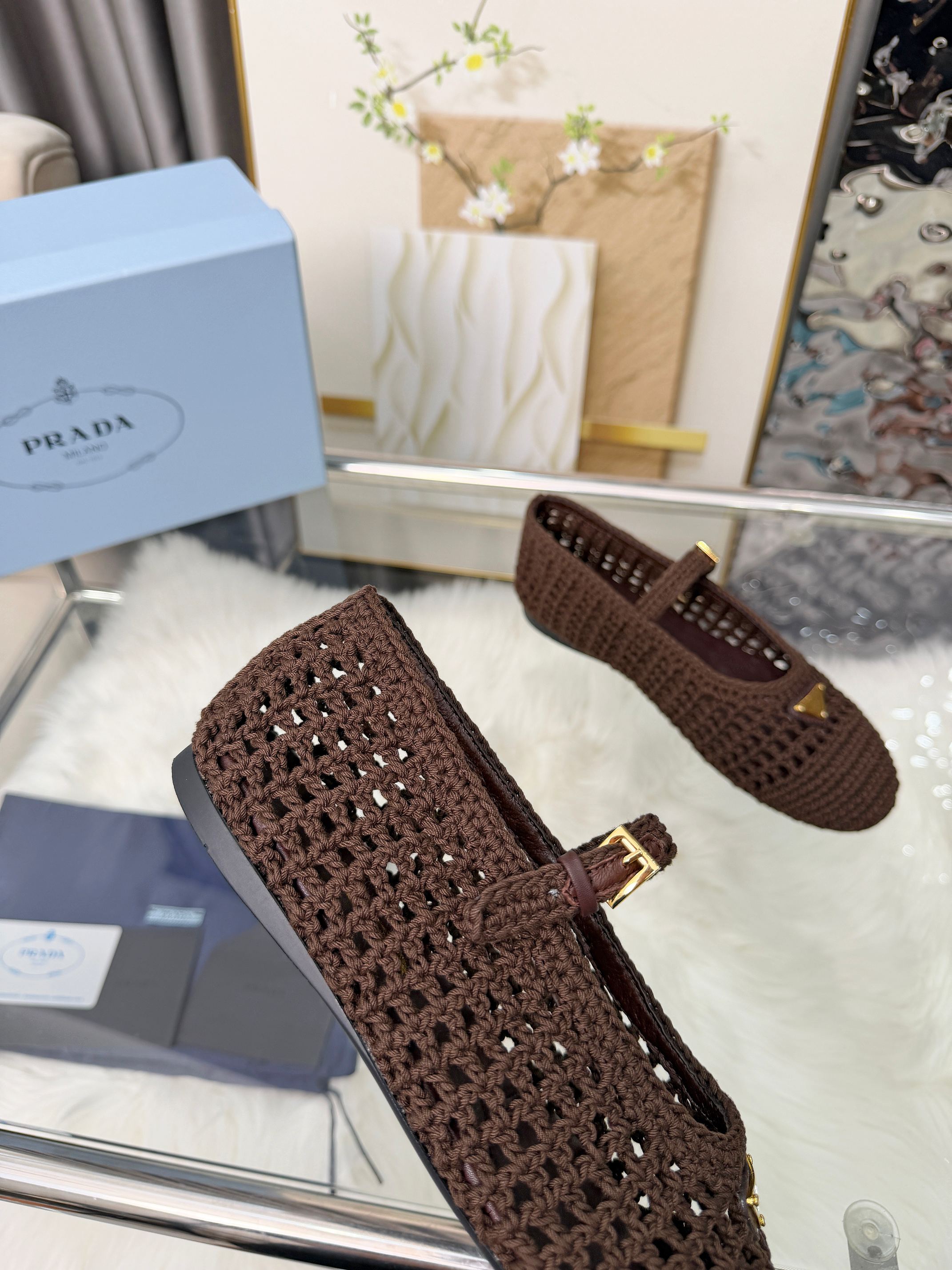 PRADA MARY JANE FLATS IN COCOA BROWN CROCHET