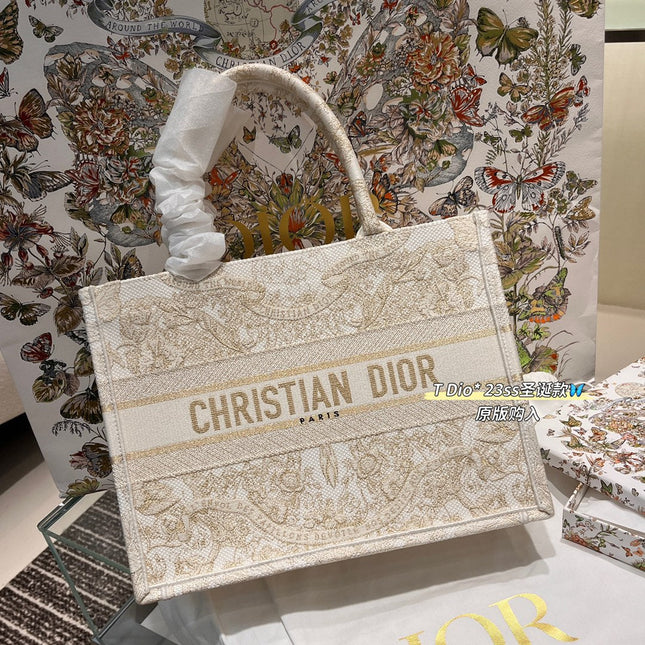 CD BOOK TOTE BAG 36 IN IVORY BEIGE EMBROIDERED CANVAS