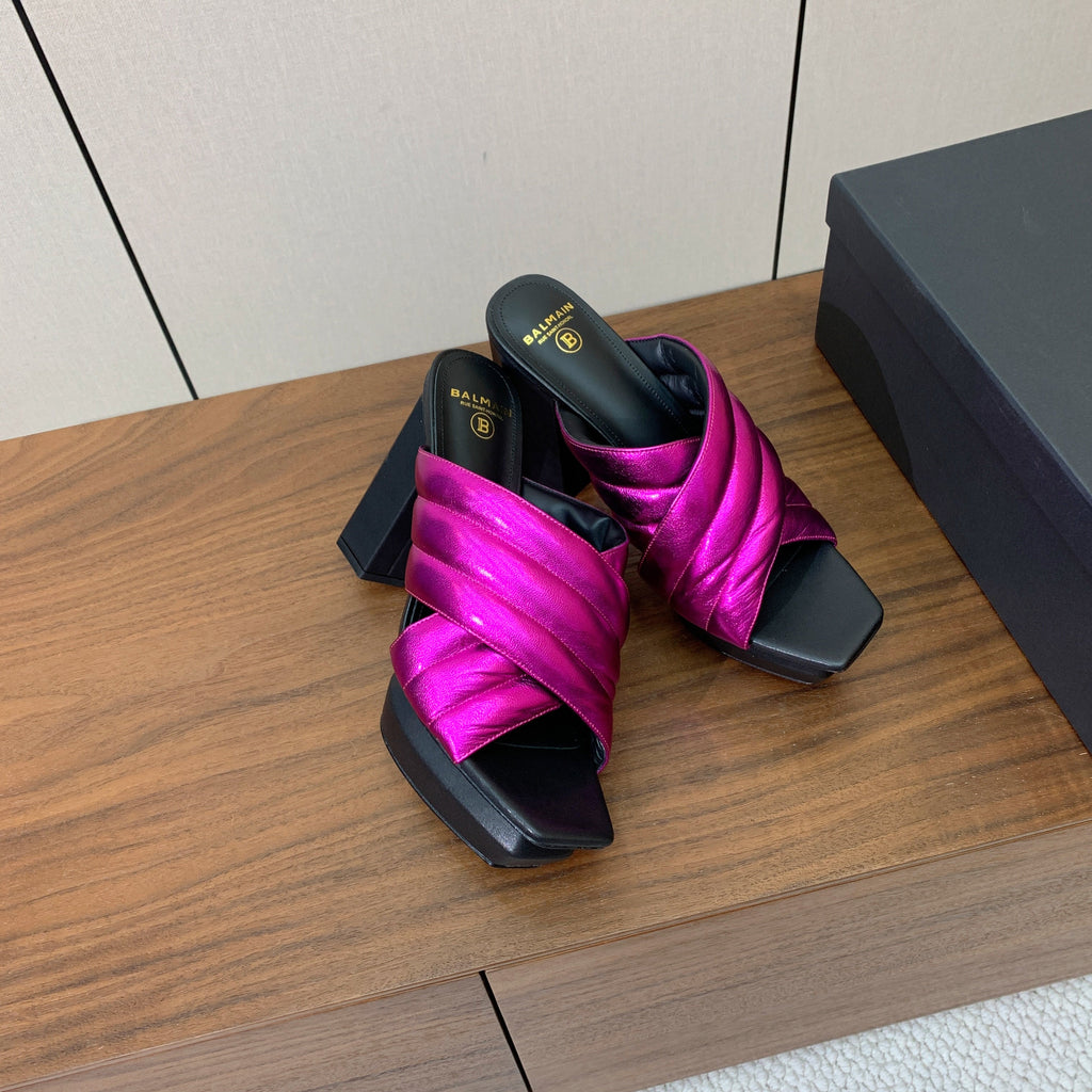 BALMAIN 26S QUILTED PLATFORM MULES 105 MM IN METALLIC PINK CALFSKIN