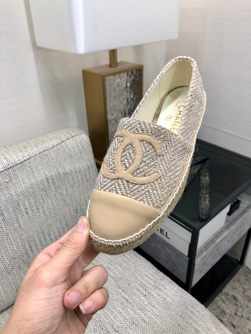 ESPADRILLE BISQUE BEIGE TWEED FABRIC AND CALFSKIN FLATS