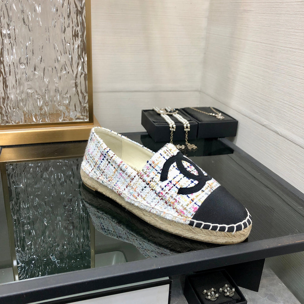 ESPADRILLE WHITE MIX BLACK TWEED FABRIC FLATS