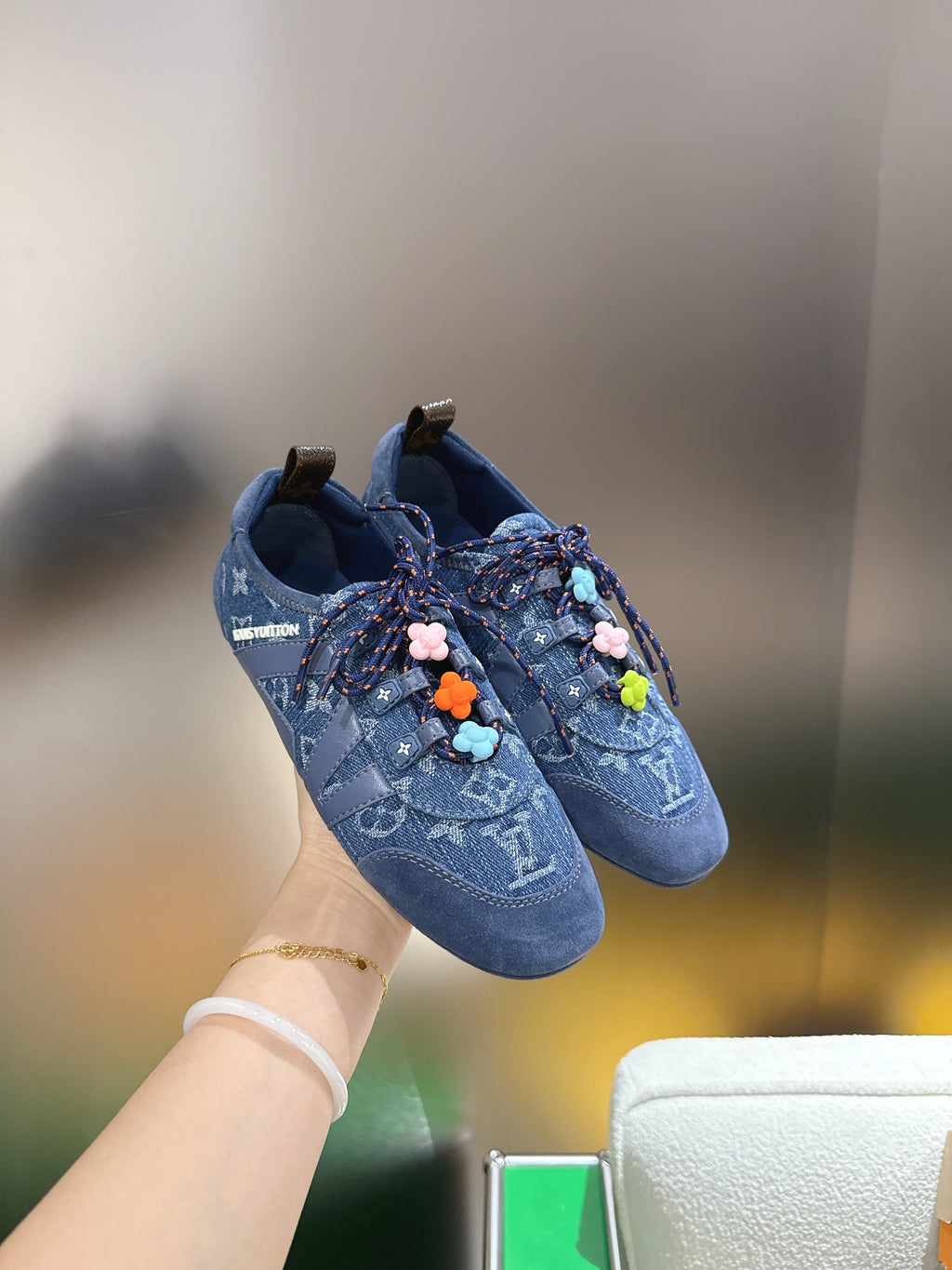 LV 26S SNEAKERS IN BLUE DENIM AND SUEDE WITH FLOWER CHARM