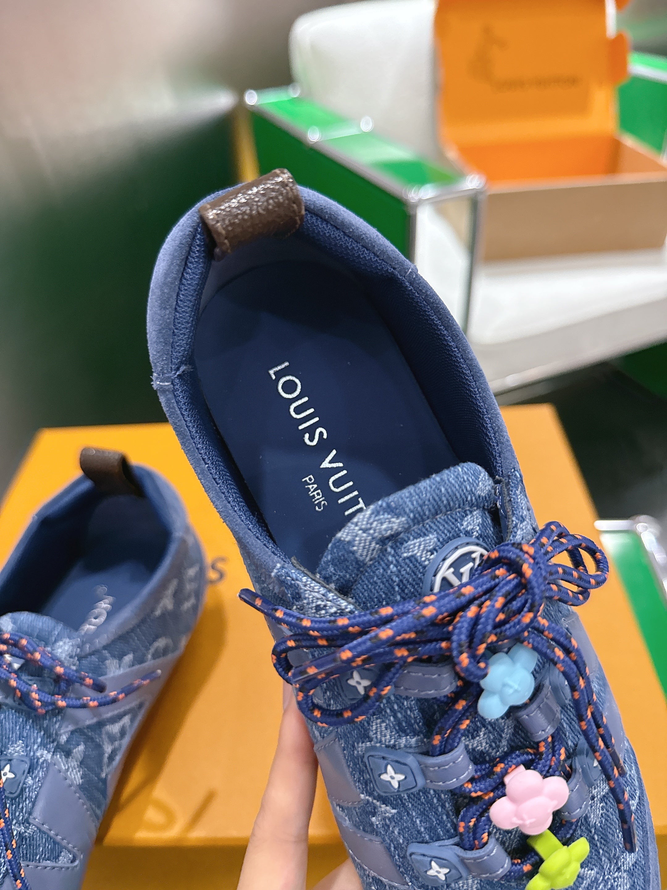LV 26S SNEAKERS IN BLUE DENIM AND SUEDE WITH FLOWER CHARM