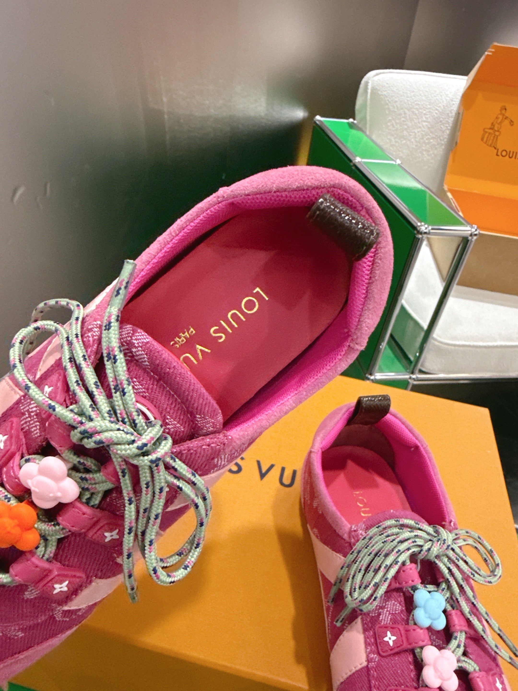 LV 26S SNEAKERS IN DARK PINK DENIM AND SUEDE WITH FLOWER CHARM