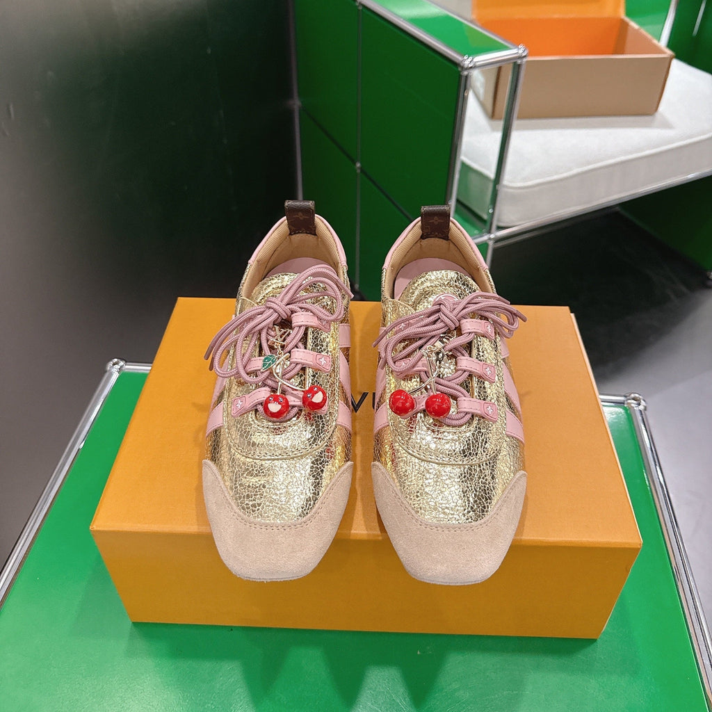 LV 26S SNEAKERS IN LIGHT PINK SUEDE AND GOLD LAMBSKIN WITH CHERRY CHARM