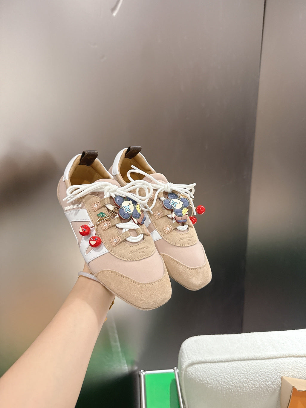 LV 26S SNEAKERS IN BEIGE SUEDE WITH CHERRY CHARM