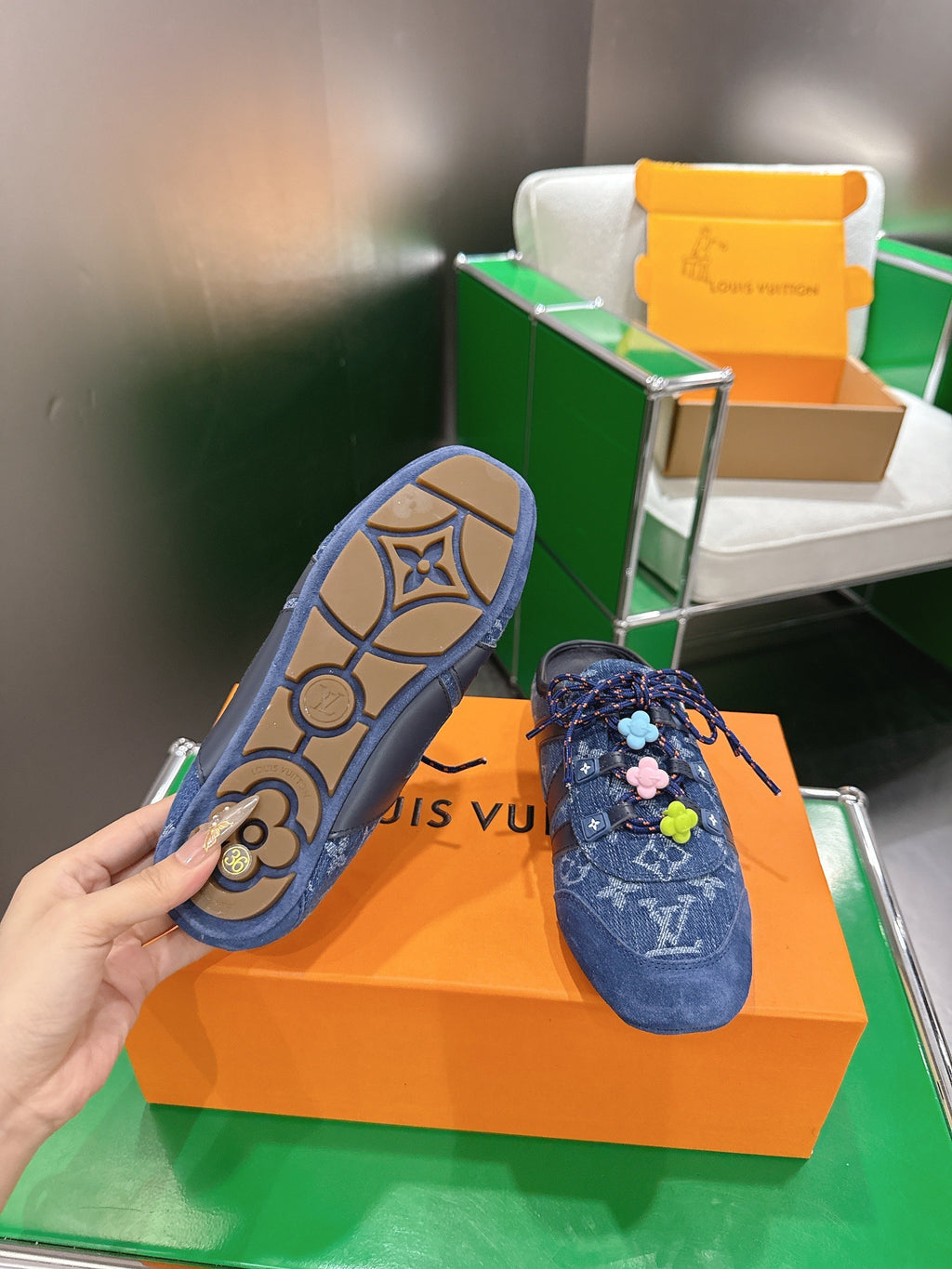 LV 26S MULE SNEAKERS IN BLUE DENIM AND SUEDE WITH FLOWER CHARM