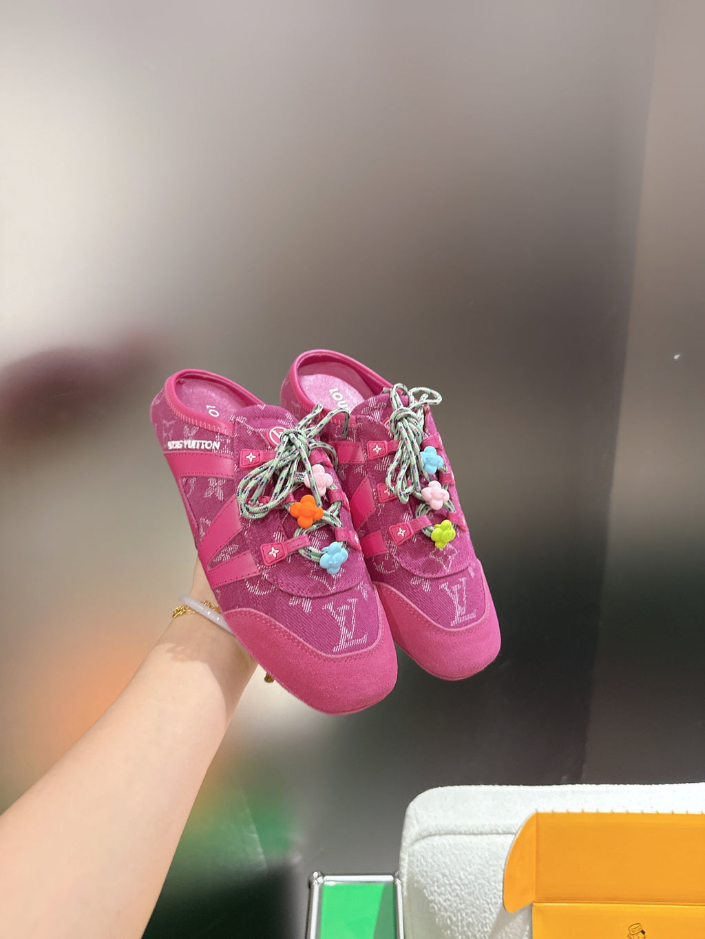 LV 26S MULE SNEAKERS IN DARK PINK DENIM AND SUEDE WITH FLOWER CHARM