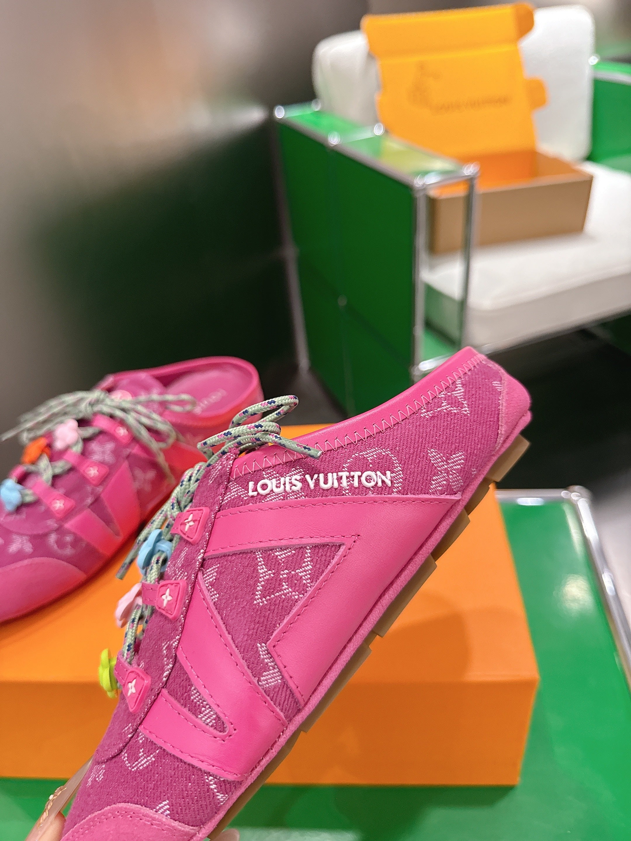 LV 26S MULE SNEAKERS IN DARK PINK DENIM AND SUEDE WITH FLOWER CHARM