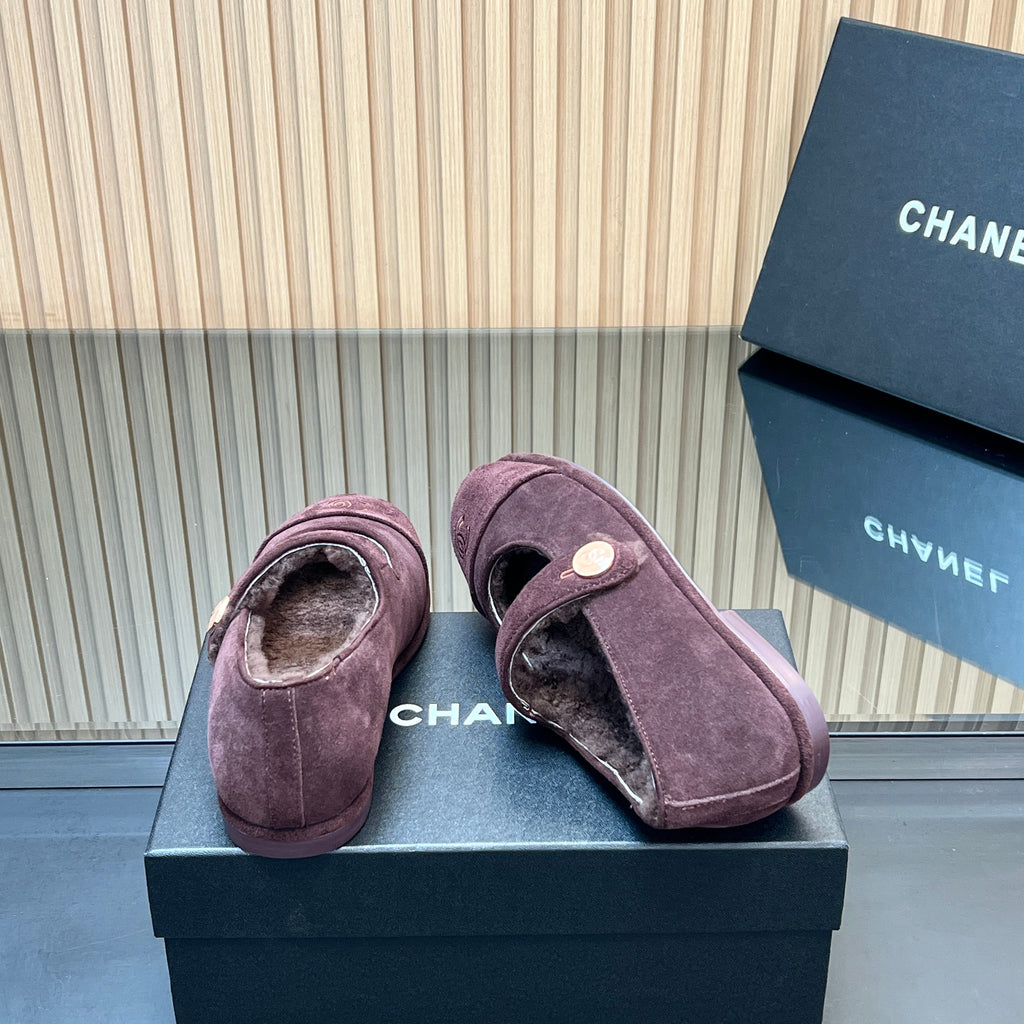 CHANEL 25S FURRY MARY JANE SHOES IN DARK PURPLE SUEDE