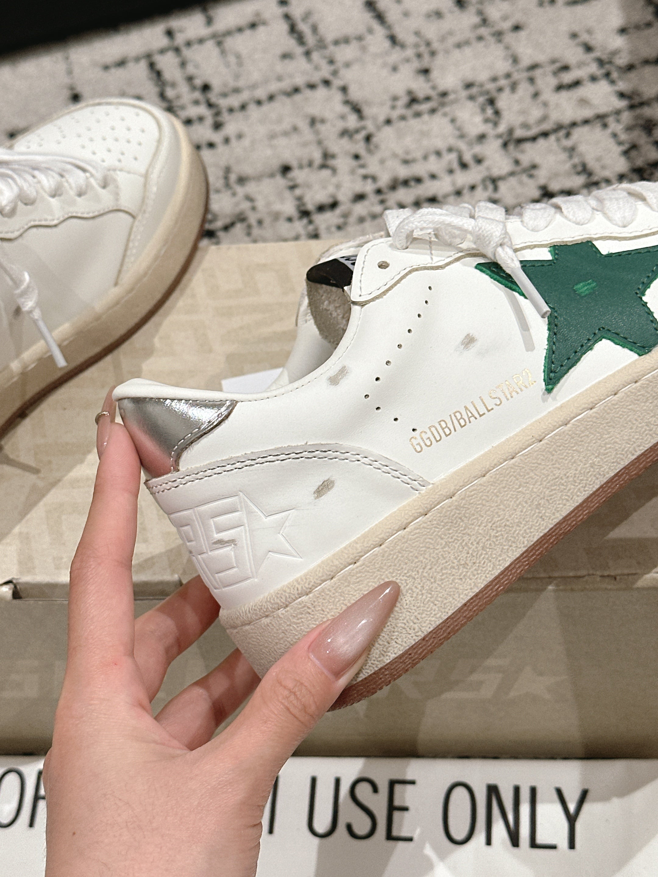 BALL STAR 2 SNEAKERS IN WHITE CALFSKIN GREEN STAR AND SILVER HEEL TAB