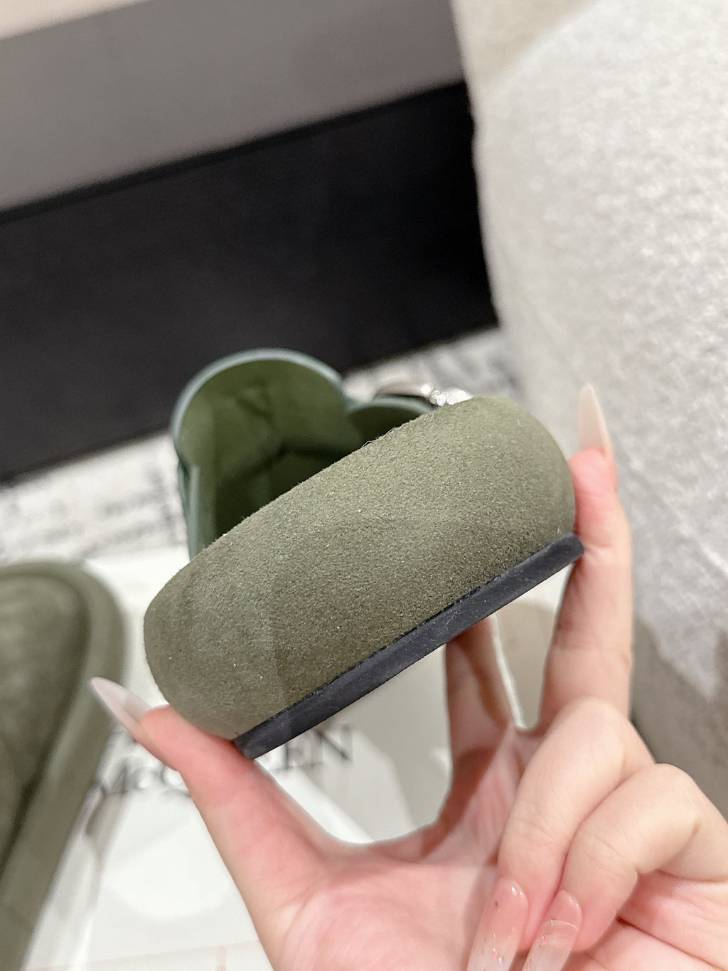 ARC CLOG MULES IN THYME GREEN SUEDE