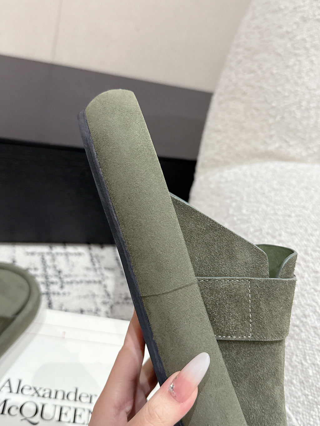 ARC CLOG MULES IN THYME GREEN SUEDE