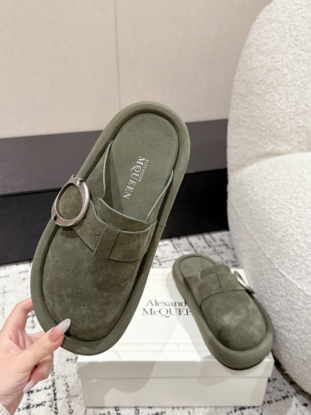 ARC CLOG MULES IN THYME GREEN SUEDE