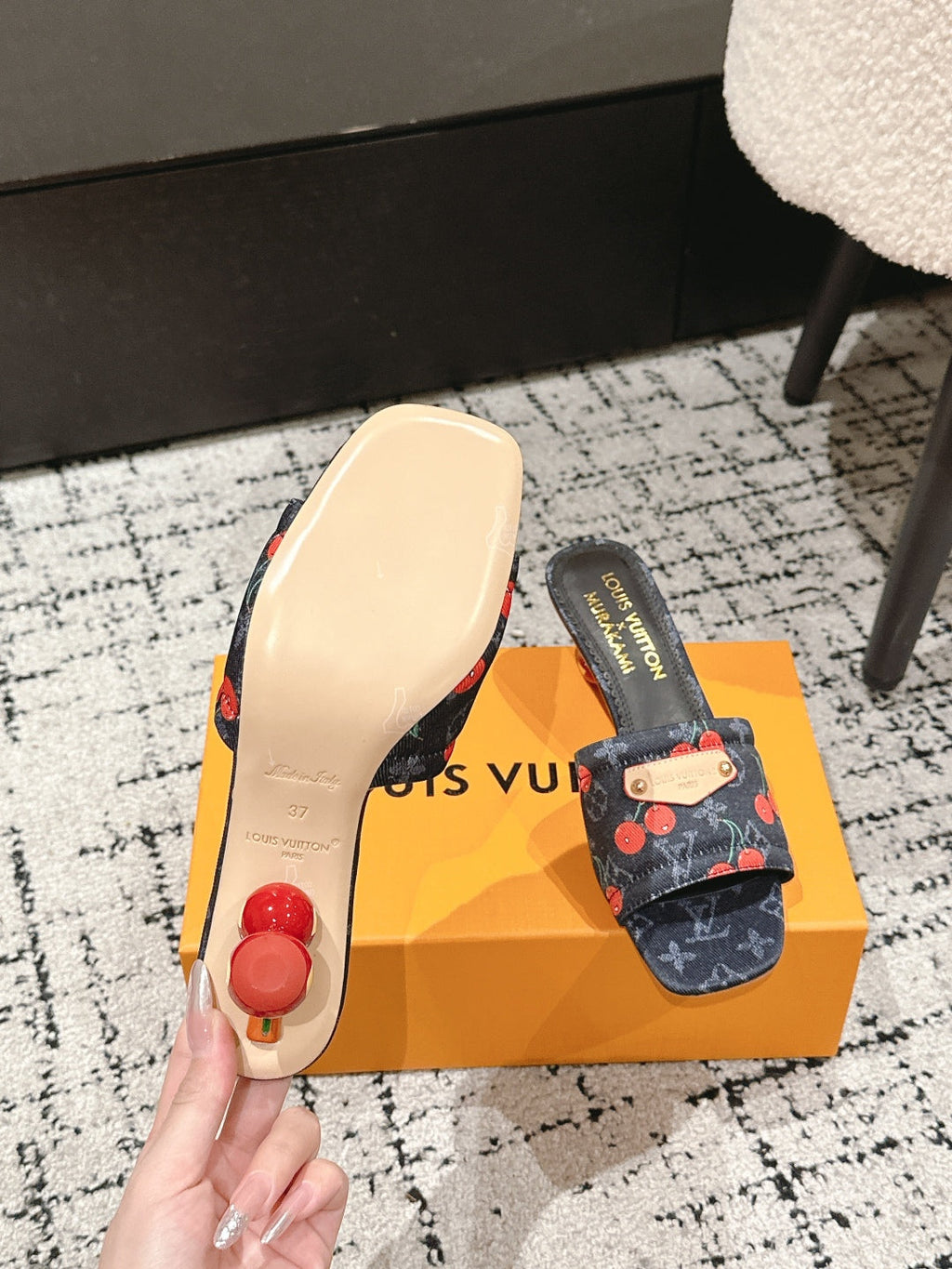 LV CHERRY HIGH HEELS 25S 55 MM IN CHARCOAL BLACK DENIM STYLE 10