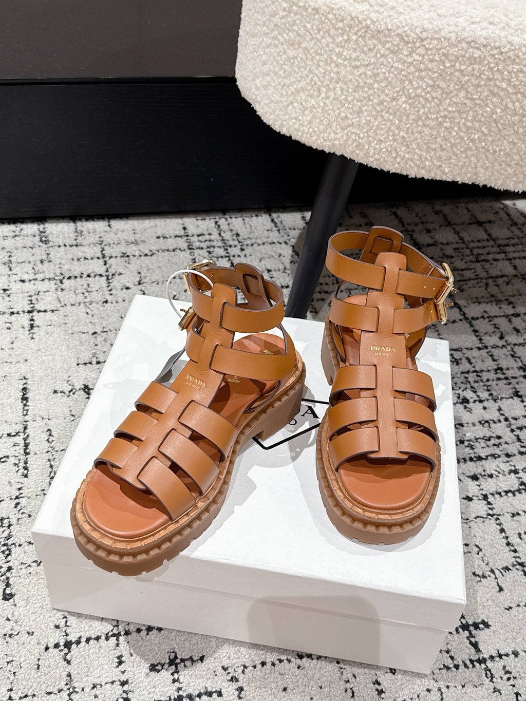 PRADA 25S HIGH TOP OPEN TOE FISHERMAN SANDALS IN BURNT ORANGE CALFSKIN