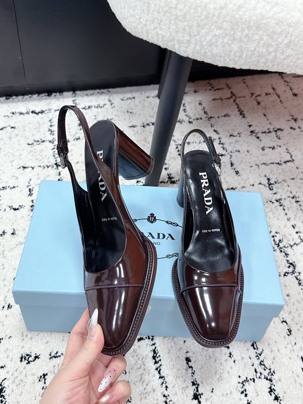 PRADA 26S SLINGBACK PUMPS 70MM IN DARK BROWN PATENT CALFSKIN