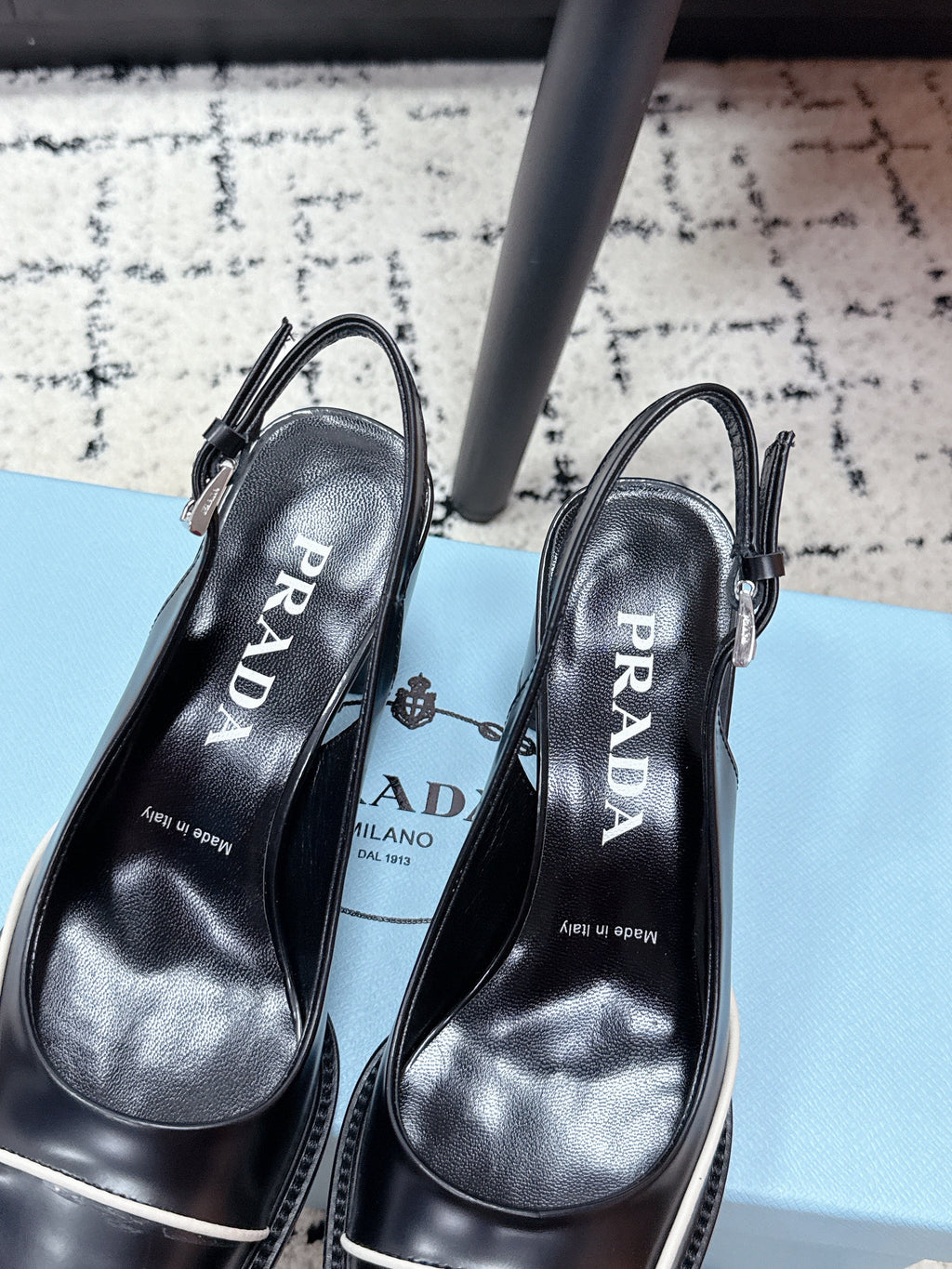 PRADA 26S SLINGBACK PUMPS 70MM IN BLACK SHINY CALFSKIN