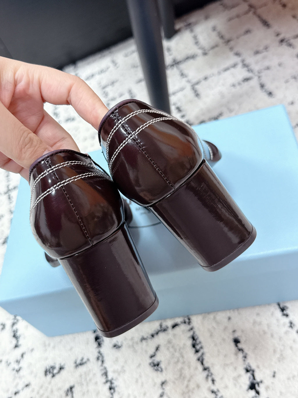 PRADA 26S BOWLING-STYLE HIGH HEELS 70MM IN DARK BROWN GLOSSY CALFSKIN