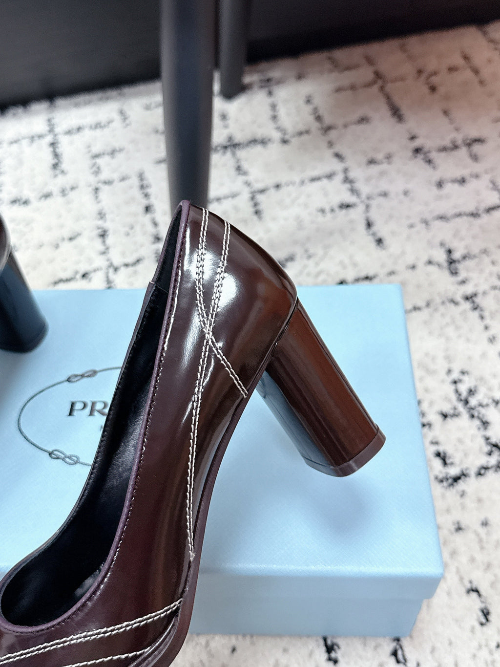PRADA 26S BOWLING-STYLE HIGH HEELS 70MM IN DARK BROWN GLOSSY CALFSKIN