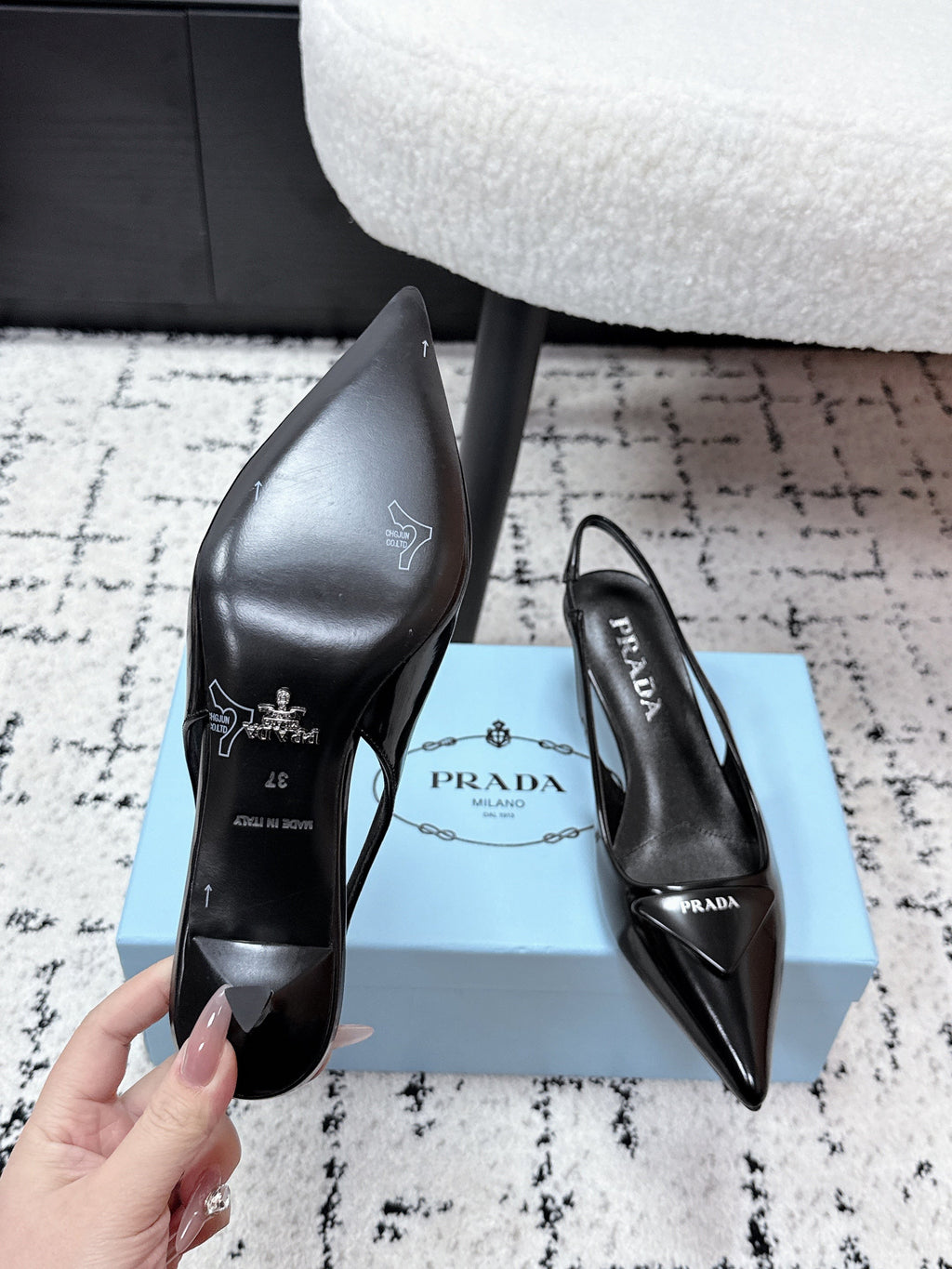 PRADA 26S SLINGBACK PUMPS 60MM IN BLACK PATENT CALFSKIN