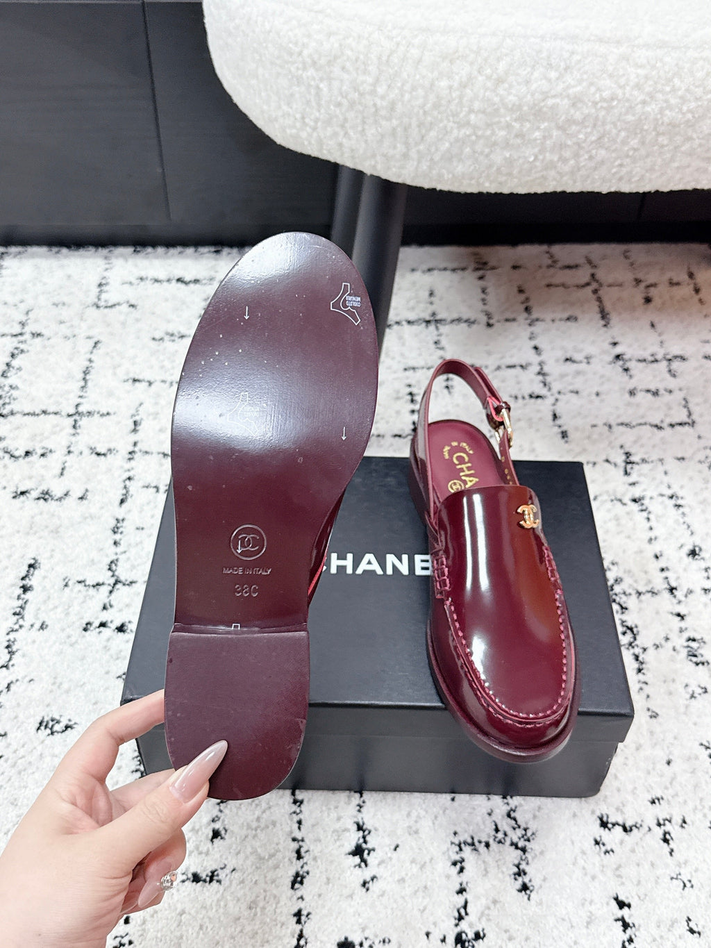 CHANEL 26S SLINGBACK LOAFERS IN BURGUNDY RED PATENT CALFSKIN WITH CC LOGO