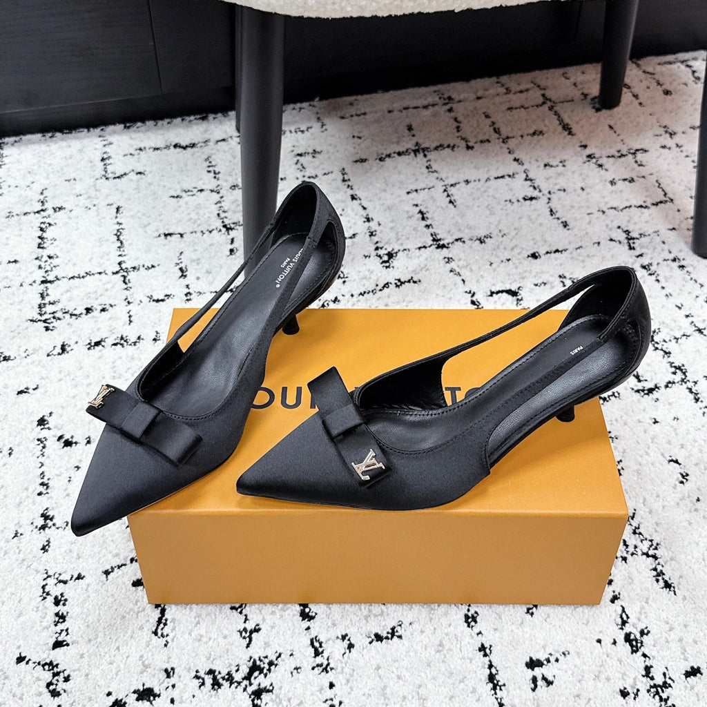 LV 26S SLINGBACK PUMPS 50MM IN BLACK SATIN WITH BOW