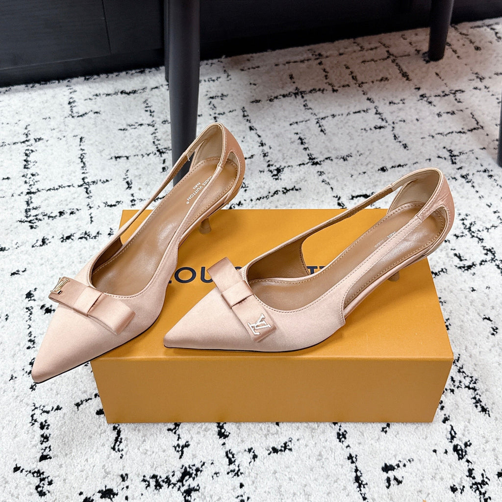 LV 26S SLINGBACK PUMPS 50MM IN DARK BEIGE SATIN WITH BOW